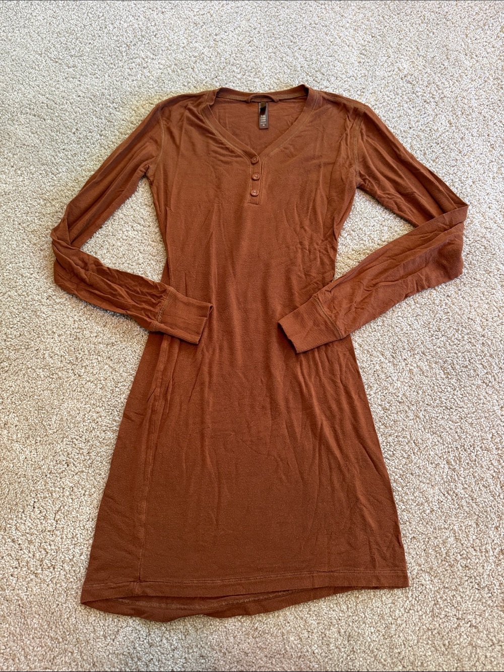 SKIMS Brown Orange Long Sleeve Henley Mini Dress XS